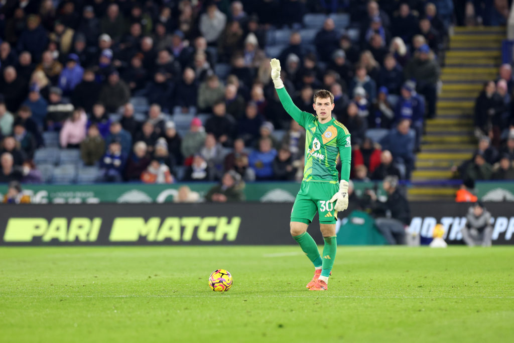 Mads Hermansen of Leicester City during the Premier League match between Leicester City and West Ham United at King Power Stadium on December 3, 2024