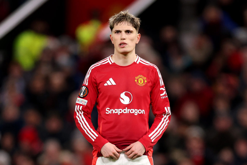 Alejandro Garnacho of Manchester United looks on during the UEFA Europa League 2024/25 League Phase MD7 match between Manchester United and Rangers FC at Old Trafford on January 23, 2025