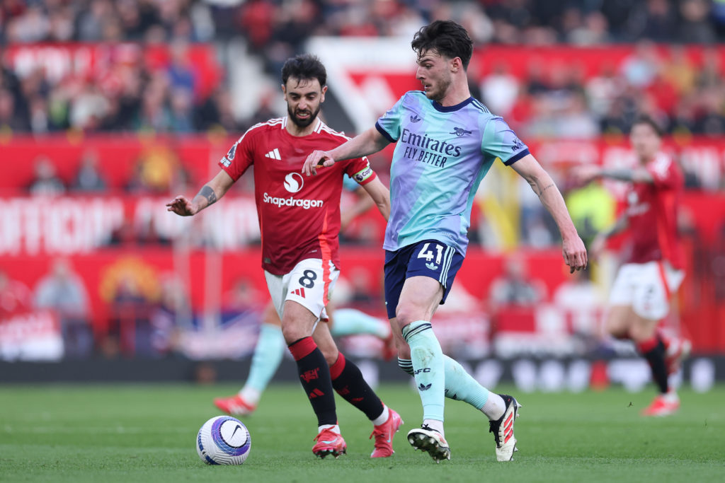 Declan Rice and Bruno Fernandes druing Arsenal's trip to face Manchester United.
