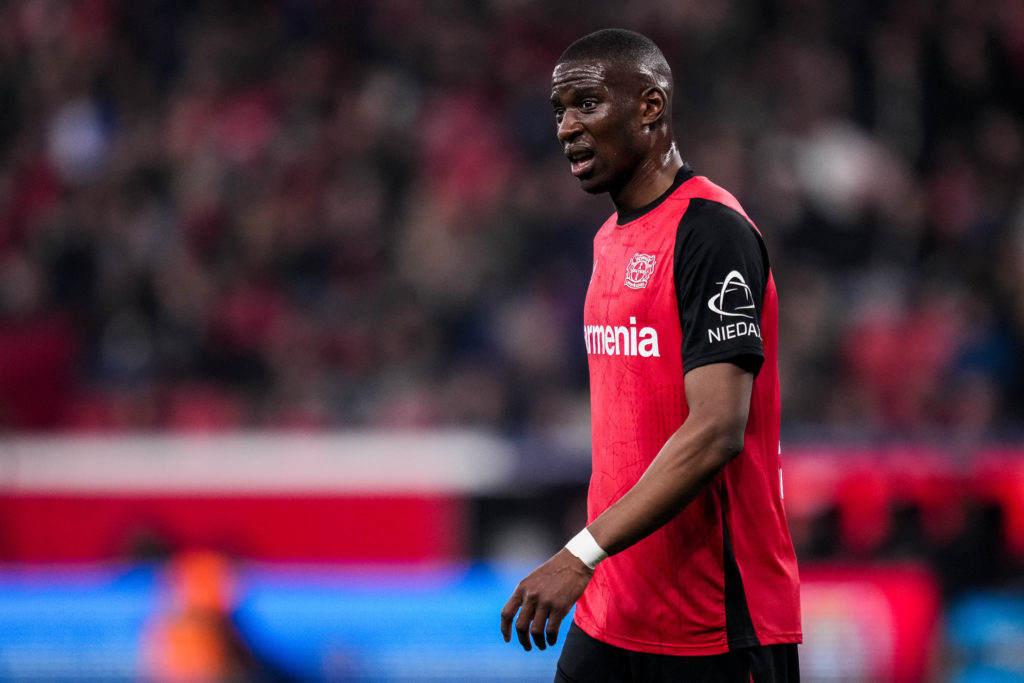 Nordi Mukiele of Bayer 04 Leverkusen looks on during the Bundesliga match between Bayer 04 Leverkusen and VfL Bochum 1848 at BayArena.