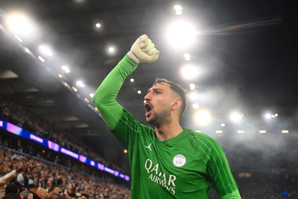 Gianluigi Donnarumma of Paris Saint-Germain celebrates at full-time following the team's victory and subsequent progression in the UEFA Champions League 2024/25 Quarter Final Second Leg match between Aston Villa FC and Paris Saint-Germain at Villa Park on April 15, 2025