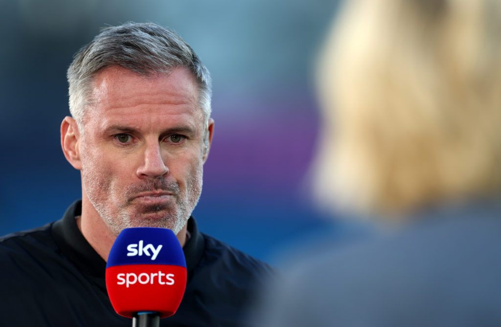 Former Liverpool player and current Sky Sports Pundit Jamie Carragher looks on, while presenting prior to the Premier League match between Manchester City