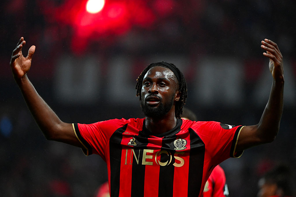 Evann Guessand celebrates after scoring a goal during the French L1 football match between OGC Nice and Stade Brestois 29