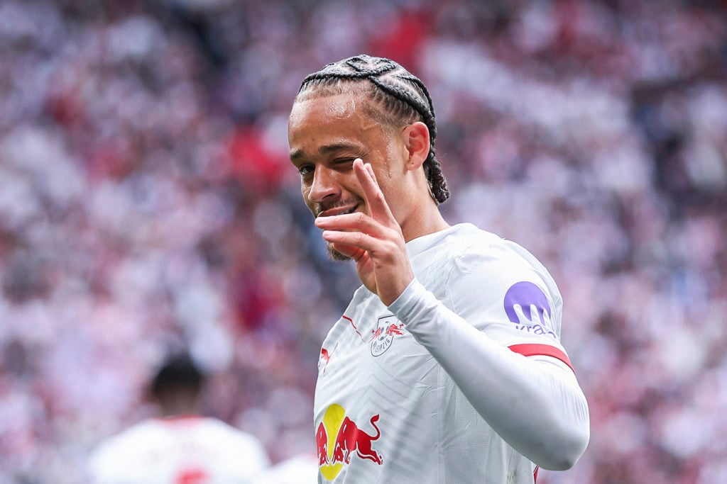 Tottenham target Xavi Simons celebrates scoring the opening goal during the Bundesliga match between RB Leipzig and VfB Stuttgart