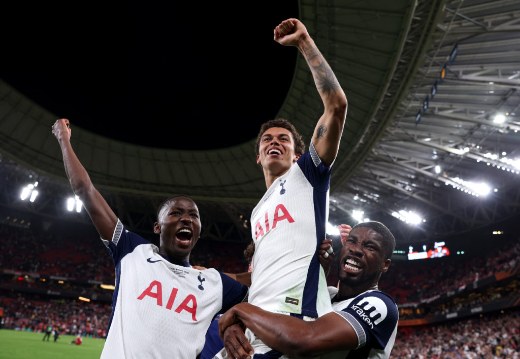 Kevin Danso, Brennan Johnson and Pape Matar Sarr all celebrate for Tottenham.