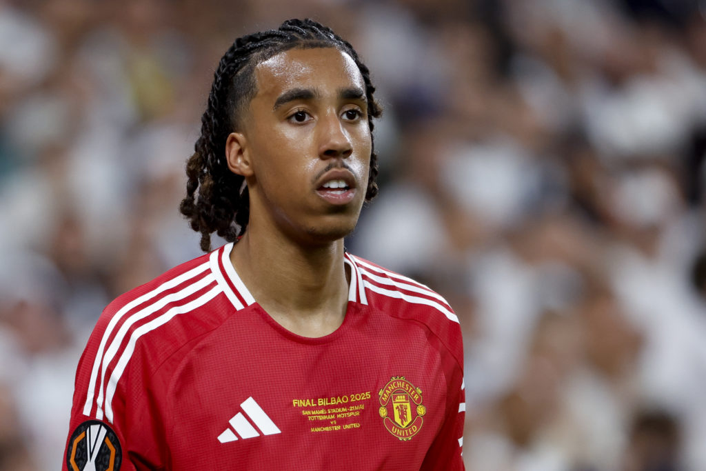 Leny Yoro in action for Manchester United against Tottenham in the 2025 UEFA Europa League final