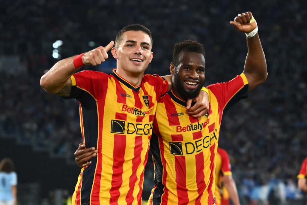Lassana Coulibaly and Nikola Krstovic celebrate a goal during SS Lazio v Lecce - Serie A