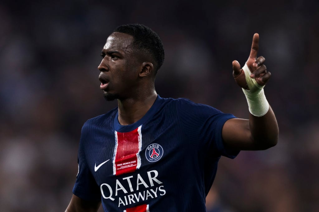 Willian Pacho of Paris Saint-Germain FC gestures during the Champions League final