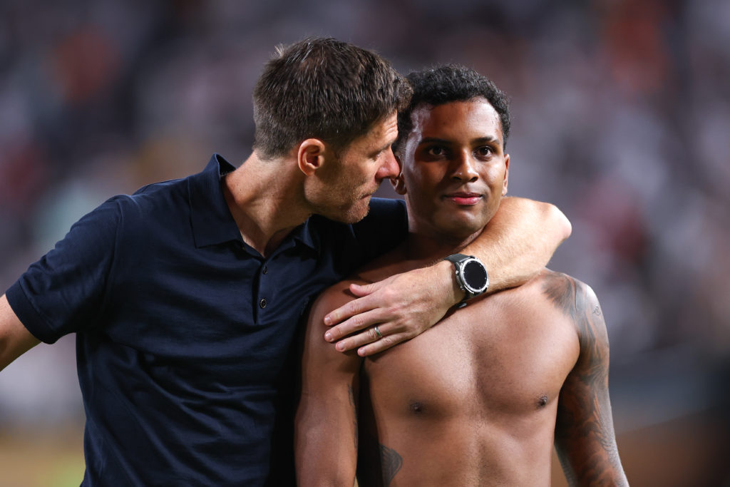 Xabi Alonso the Manager/Head coach of Real Madrid and Rodrygo of Real Madrid during the FIFA Club World Cup 2025 group H match between FC Red Bull Salzburg and Real Madrid CF