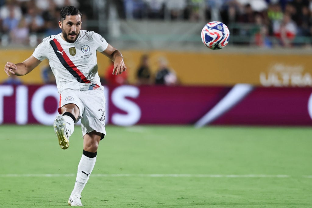 Rayan Cherki of Manchester City FC crosses the ball during the FIFA Club World Cup 2025 round of 16 match between Manchester City and Al-Hilal at Camping World Stadium on June 30, 2025