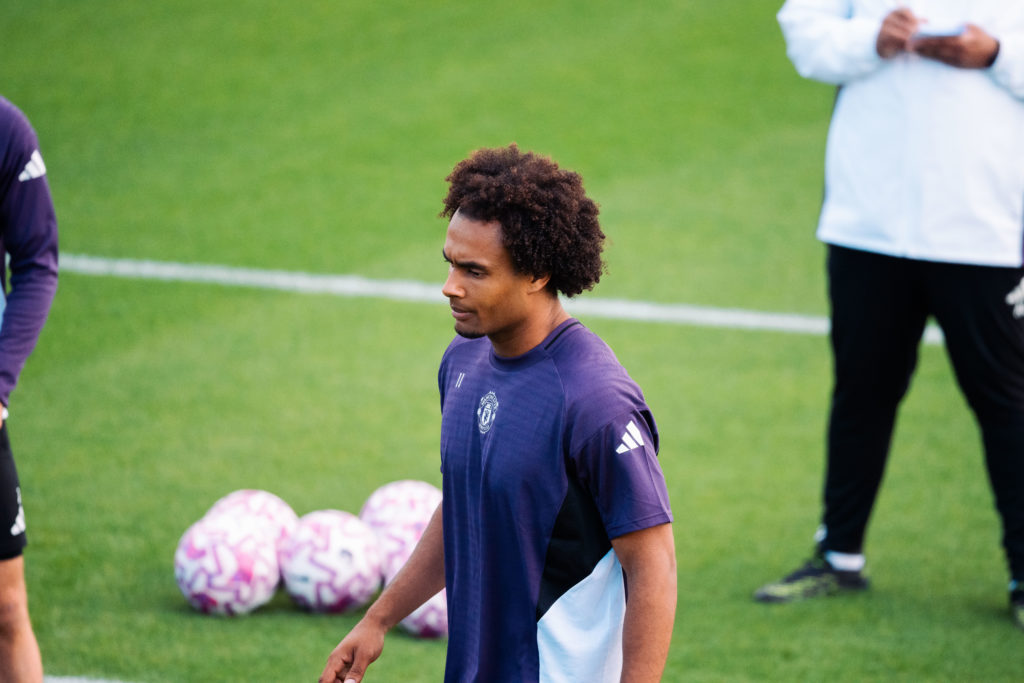 Joshua Zirkzee of Manchester United in action during a first team training session at Carrington Training Ground