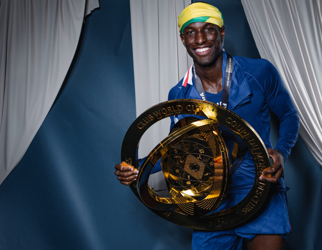 Nicolas Jackson #15 of Chelsea FC sits for a portrait following their win over Paris Saint-Germain in the Club World Cup final at MetLife Stadium.
