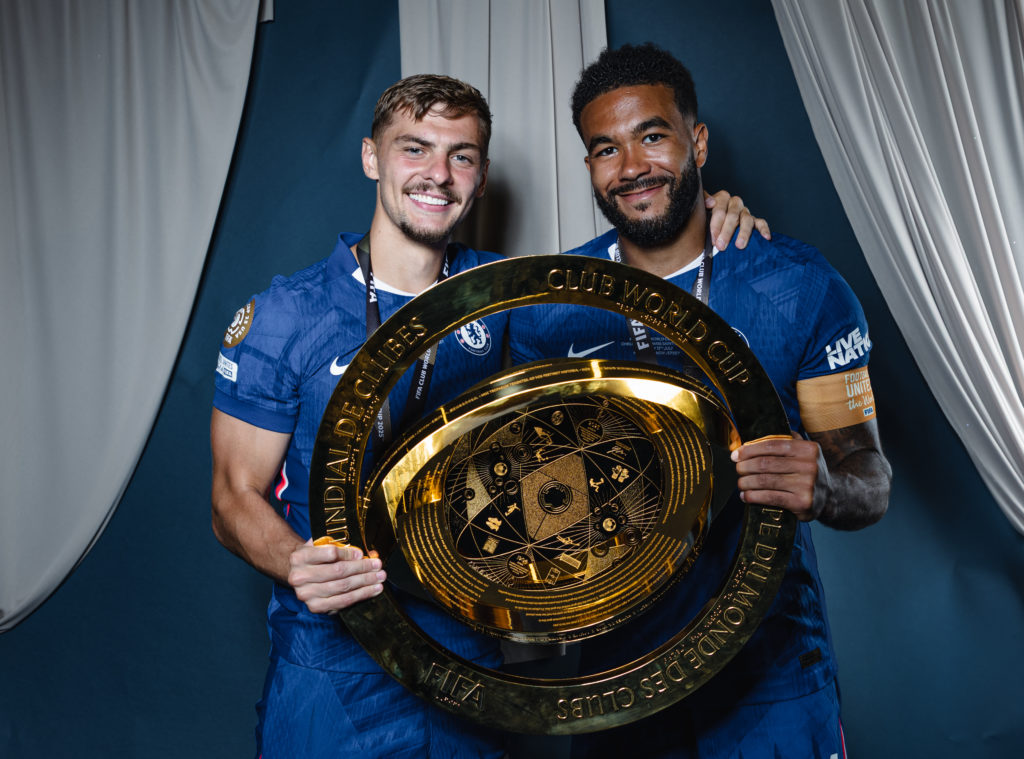 Reece James and Kiernan Dewsbury-Hall #22 of Chelsea FC pose for a portrait following their win over Paris Saint-Germain in the Club World Cup final at MetLife Stadium on July 13, 2025