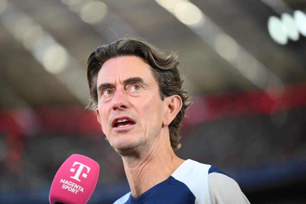 Tottenham Hotspur's Danish head coach Thomas Frank speaks during an interview ahead of a friendly football match between FC Bayern Munich and Tottenham Hotspur in Munich, Germany, on August 7, 2025