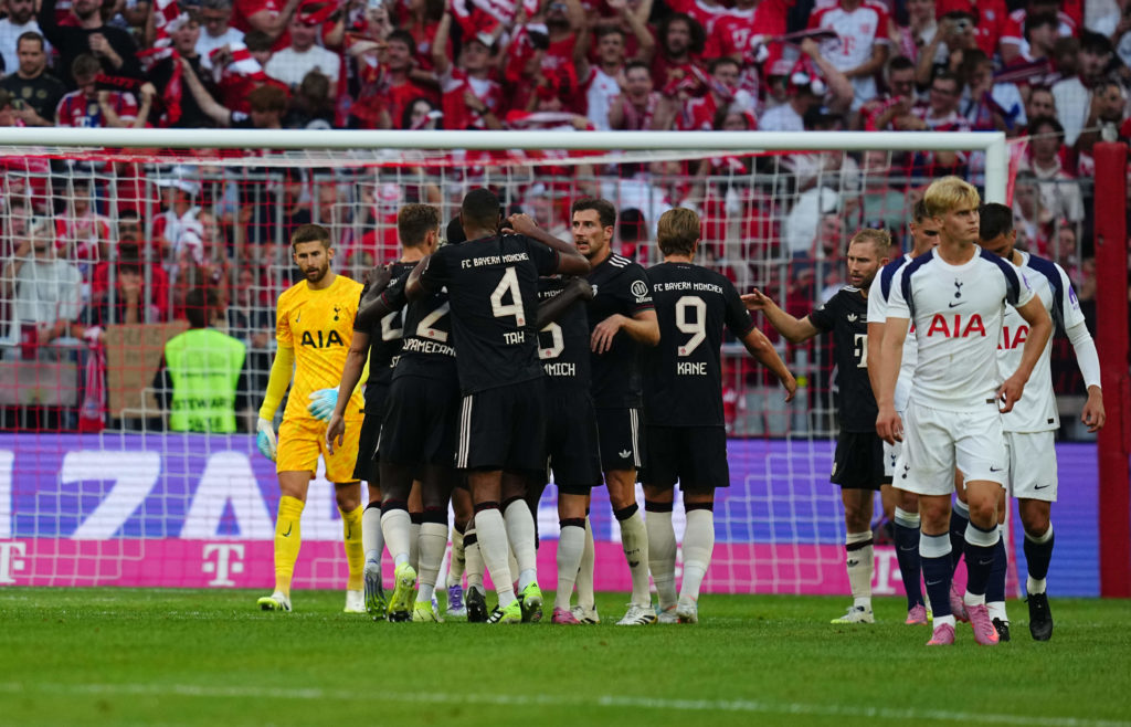 Kingsley Coman scores and celebrates his teams second goal during the pre-season friendly match between FC Bayern München and Tottenham Hotspur at Allianz arena, Munich, Germany on August 7, 2025