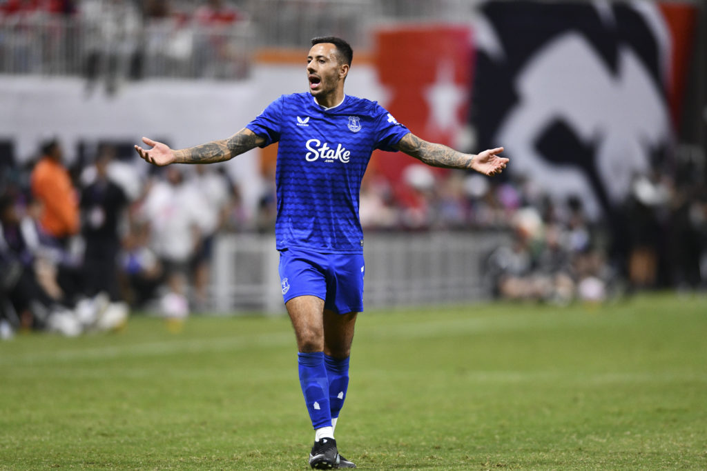 Dwight McNeil of Everton FC gestures during the Premier League Summer Series match against Manchester United at Mercedes-Benz Stadium.