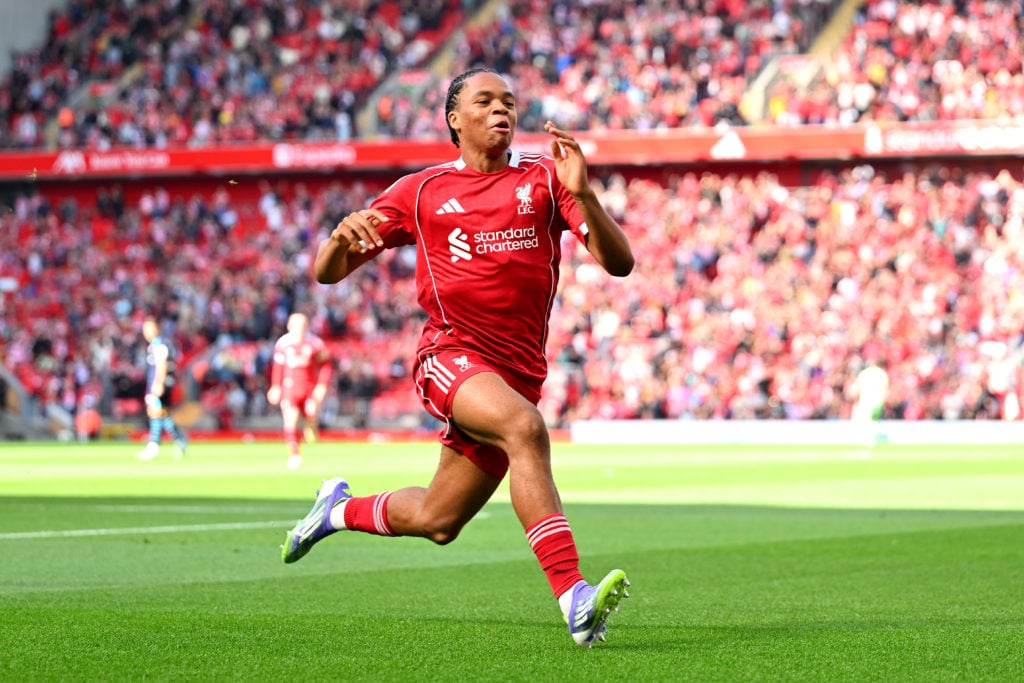 Rio Ngumoha celebrates his goal for Liverpool against Athletic Club.