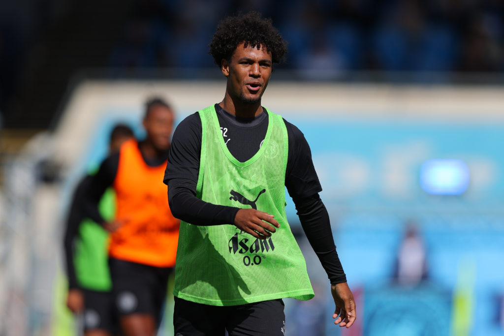 Oscar Bobb of Manchester City during a training session open to the public advertised as the 'City are Back' event at Joie Stadium on August 05, 2025 in Manchester, England.
