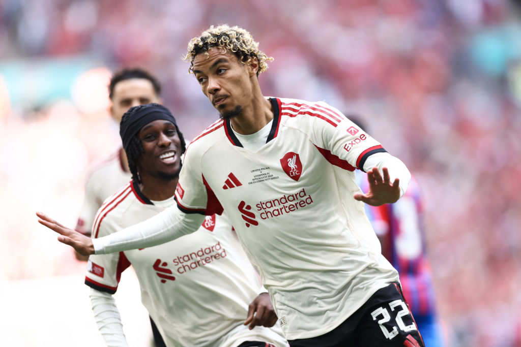 Hugo Ekitike and Jeremie Frimpong celebrate during Crystal Palace v Liverpool in the 2025 FA Community Shield