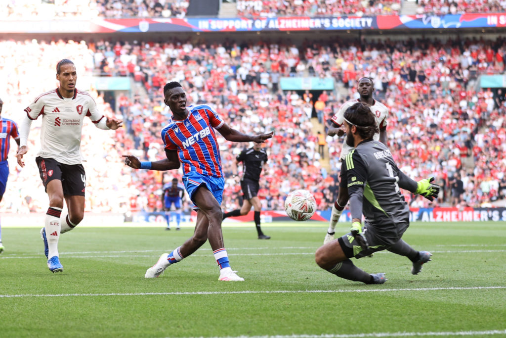 Ismaila Sarr of Crystal Palace scores their second goal during the 2025 FA Community Shield match between Crystal Palace and Liverpool at Wembley Stadium.