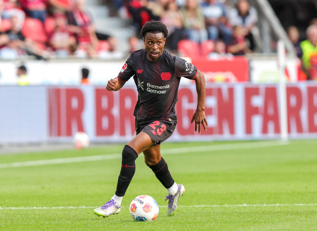 Nathan Tella of Bayer 04 Leverkusen plays the ball during the pre-season friendly match between Bayer 04 Leverkusen and Pisa SC at BayArena on August 5, 2025