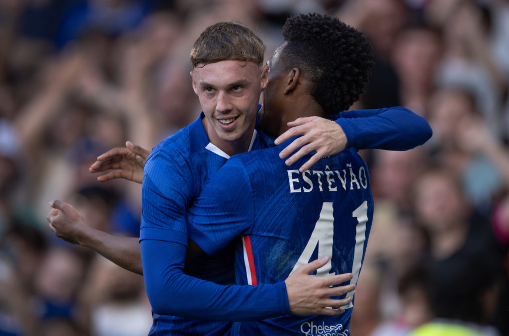 Cole Palmer of Chelsea celebrates with goalscorer Estevao during the pre-season friendly match between Chelsea and Bayer Leverkusen at Stamford Bridge on August 8.