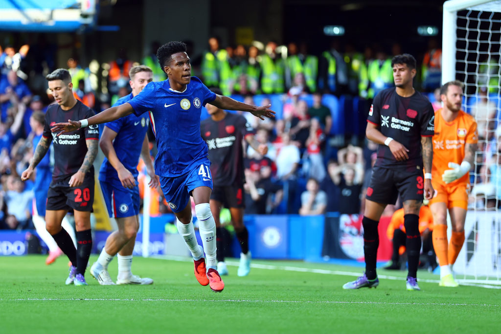 Estevao of Chelsea celebrates scoring his team's first goal during the pre-season friendly match between Chelsea and Bayer Leverkusen at Stamford Bridge