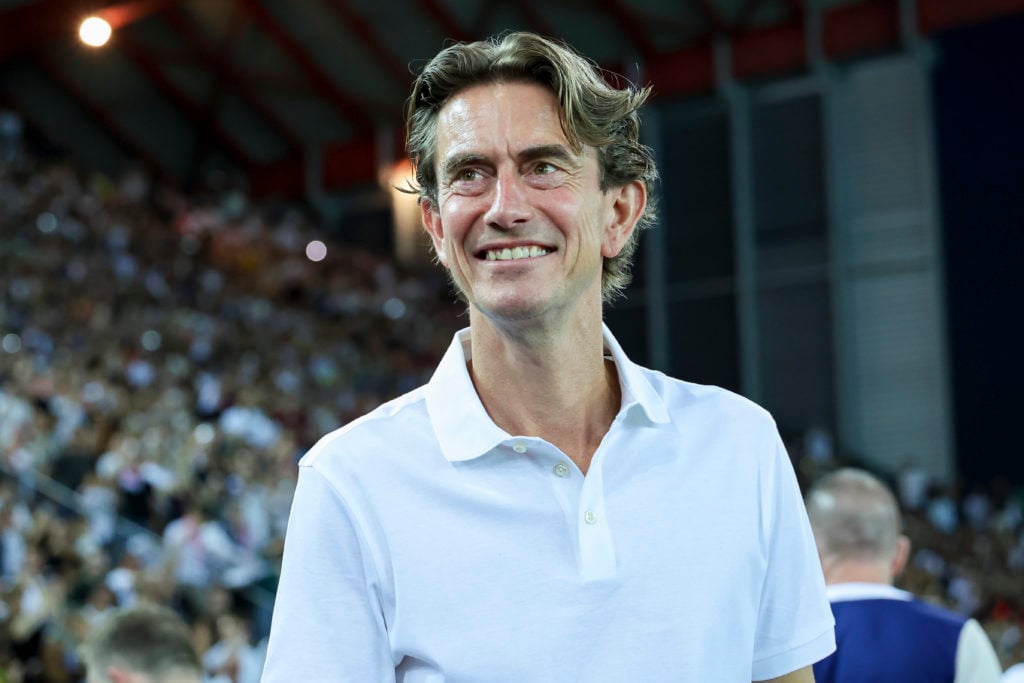 head coach Thomas Frank of Tottenham Hotspur smiles during the UEFA Super Cup 2025 match between Paris Saint-Germain and Tottenham Hotspur at Friuli Stadium