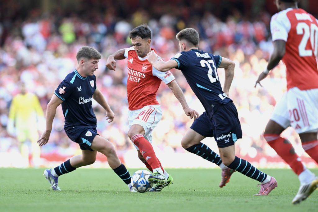Martin Zubimendi challenges for the ball during Arsenal pre-season.