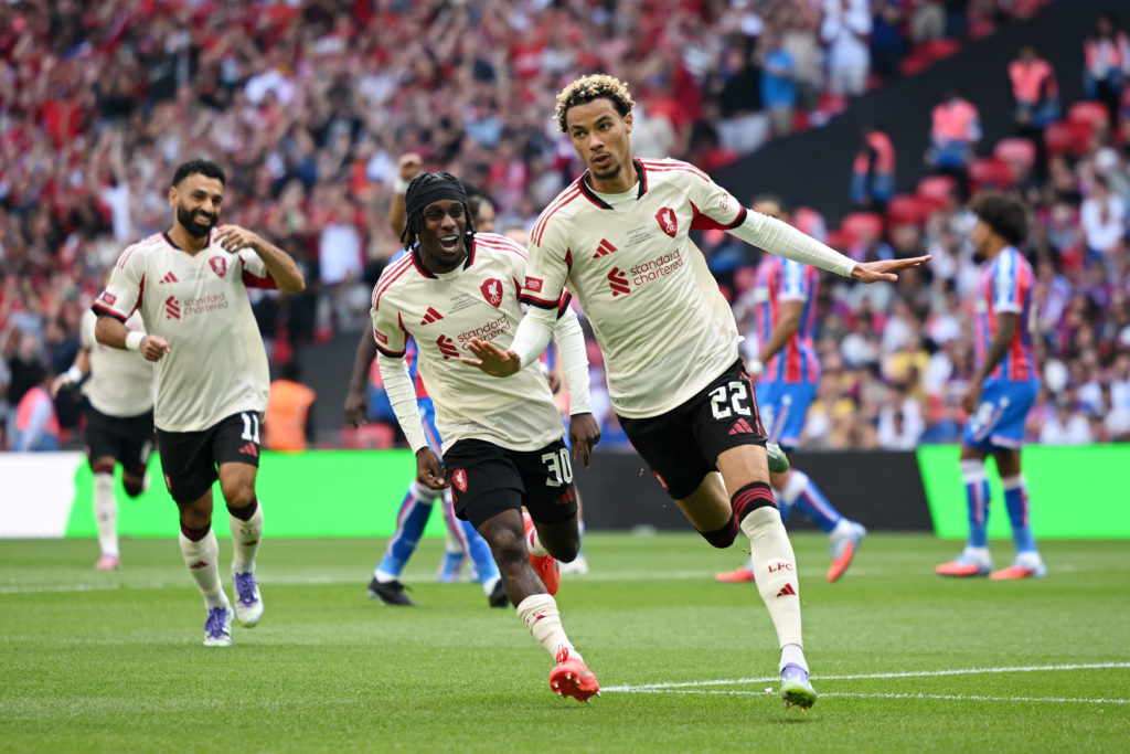 Hugo Ekitike celebrates his goal during Crystal Palace v Liverpool in the 2025 FA Community Shield