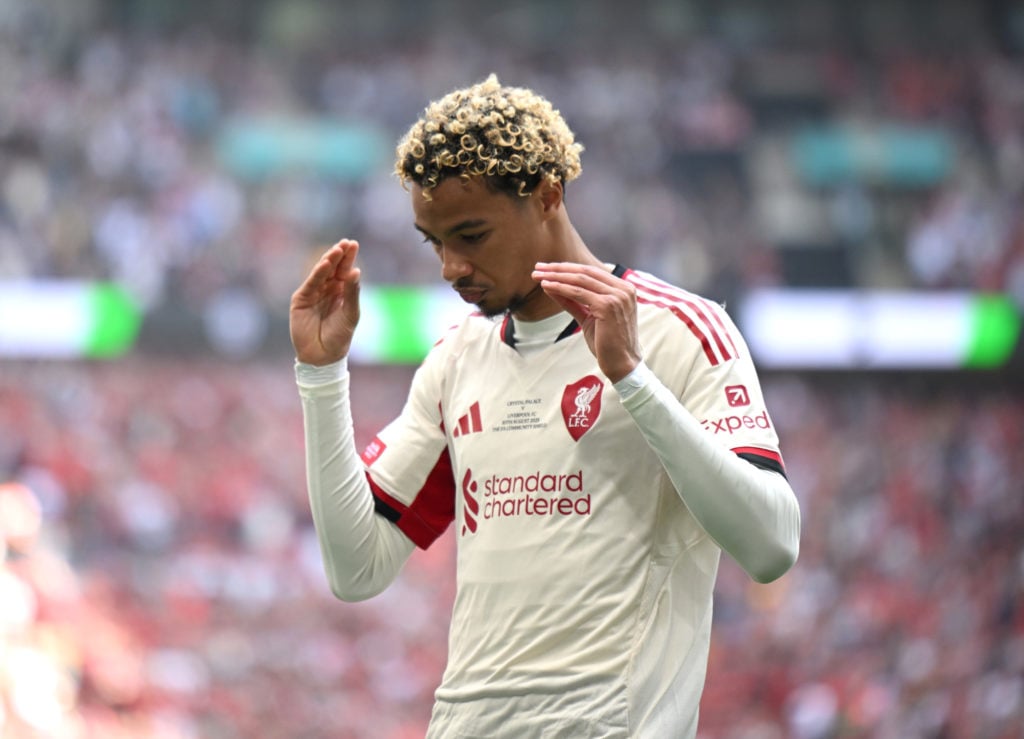 Hugo Ekitike of Liverpool celebrates scoring his team's first goal during the 2025 FA Community Shield match between Crystal Palace and Liverpool at Wembley Stadium.