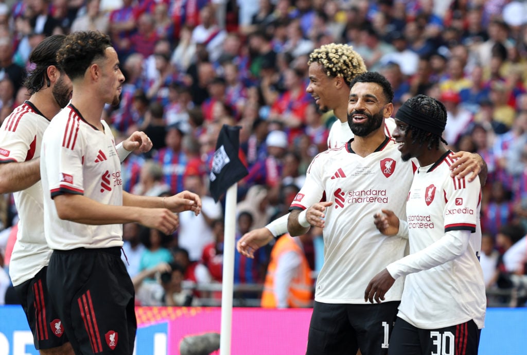 Mohamed Salah, Jeremie Frimpong and Curtis Jones celebrate a goal duing Crystal Palace v Liverpool - 2025 FA Community Shield
