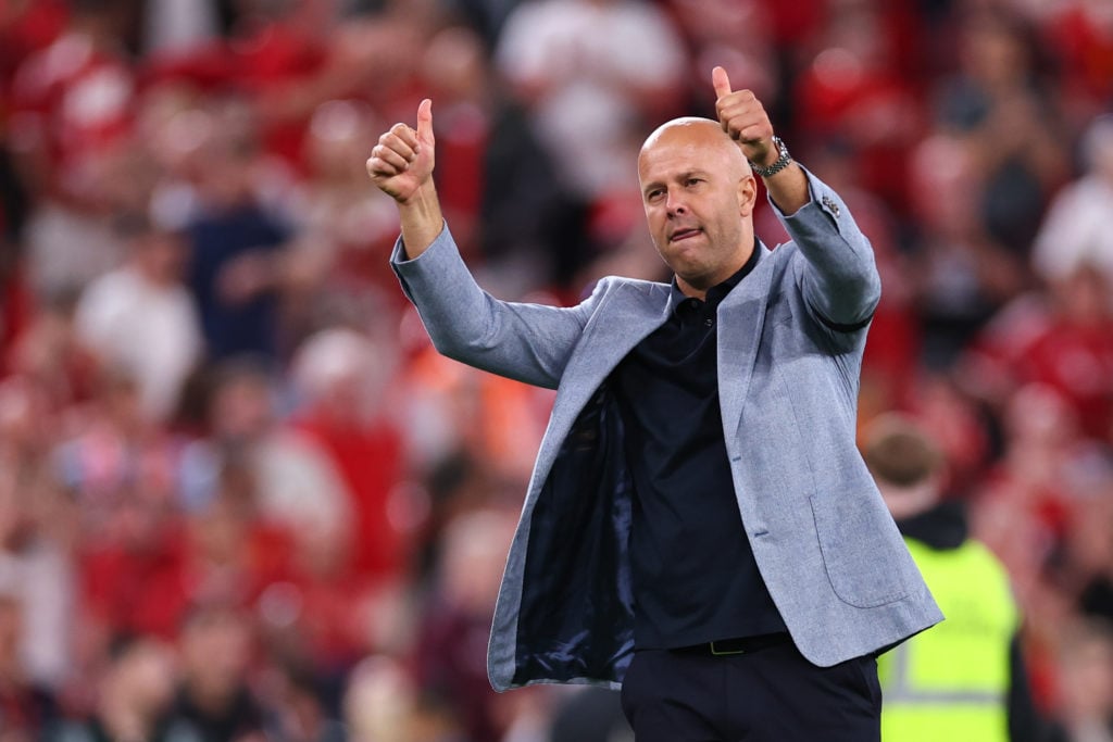 Arne Slot manager / head coach of Liverpool applauds the fans at full time during the Premier League match between Liverpool and Bournemouth at Anfield.