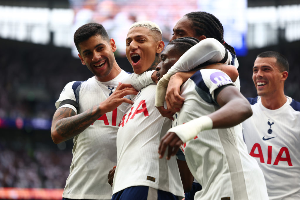 Tottenham players celebrate after scoring against Burnley in the Premier League