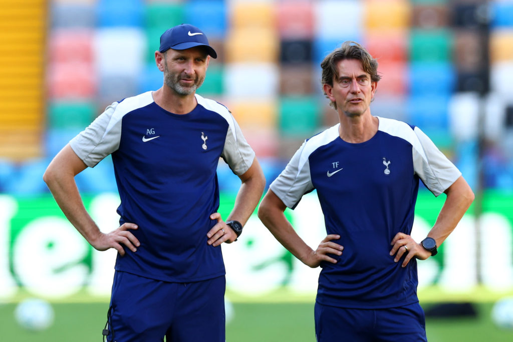 Thomas Frank alongside Andreas Georgson in a Tottenham training session.