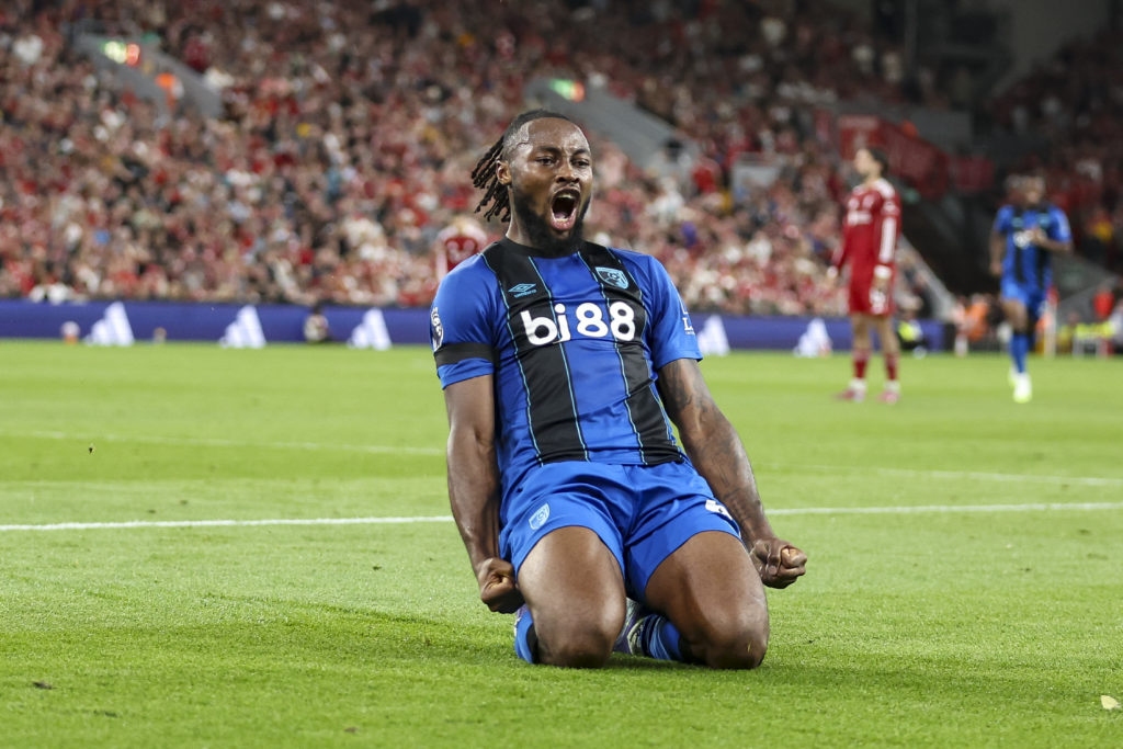 Bournemouth's Antoine Semenyo celebrates scoring against Liverpool