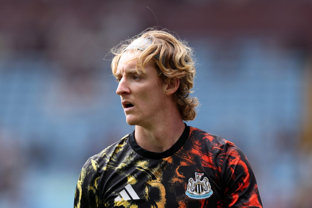 Anthony Gordon of Newcastle United looks on during the Premier League match between Aston Villa and Newcastle United at Villa Park.
