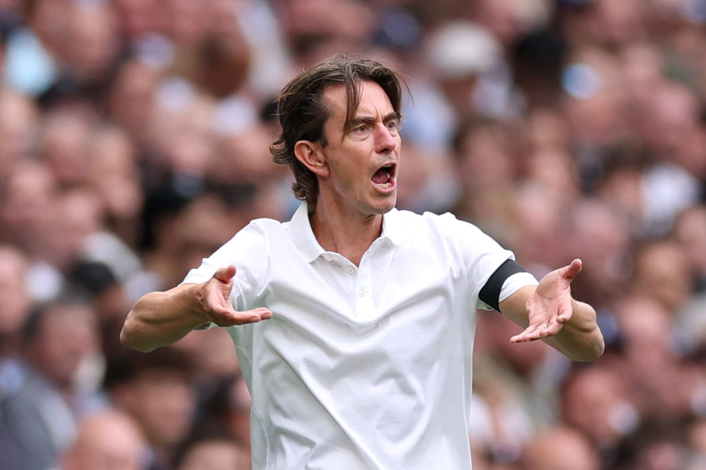 Thomas Frank gestures on the touchline during Tottenham's Premier League win against Burnley.