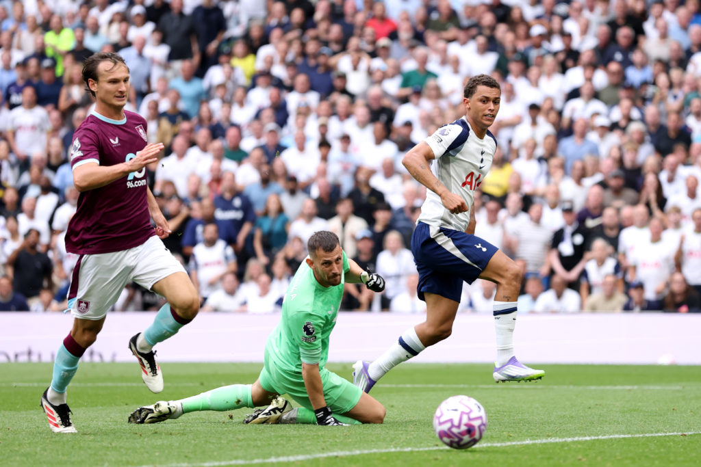 Brennan Johnson scores Tottenham's third goal of the game against Burnley.