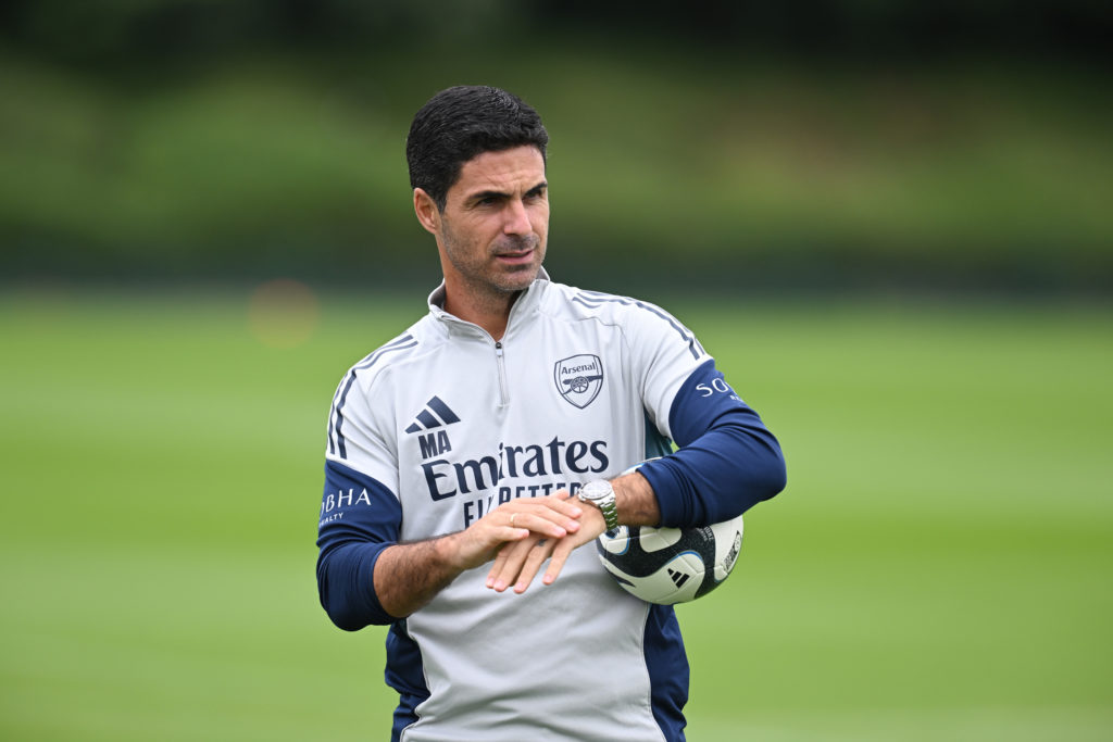 Mikel Arteta looks on during an Arsenal training session