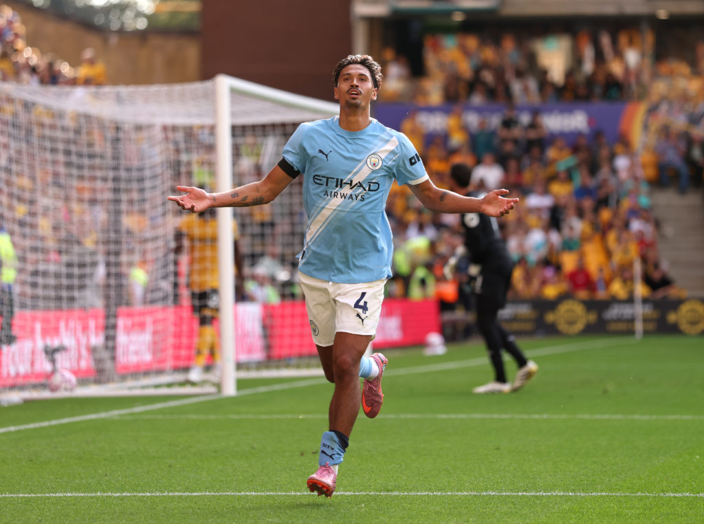 Tijjani Reijnders of Manchester City celebrates scoring his team's second goal during the Premier League match between Wolverhampton Wanderers and Manchester City