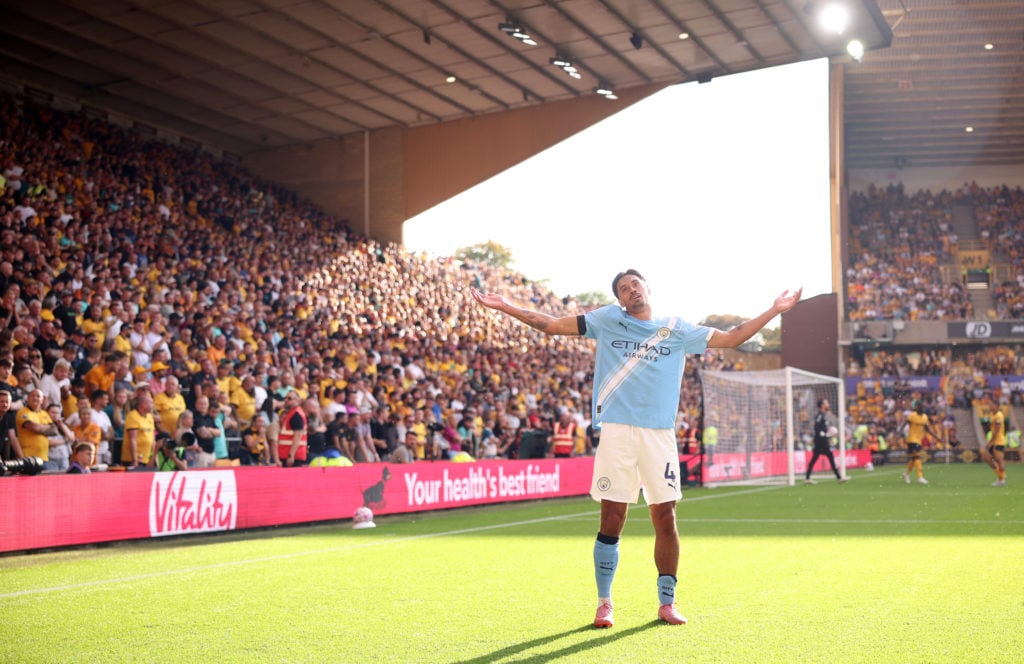 Tijjani Reijnders of Manchester City celebrates scoring his team's second goal during the Premier League match between Wolverhampton Wanderers and Manchester City at Molineux