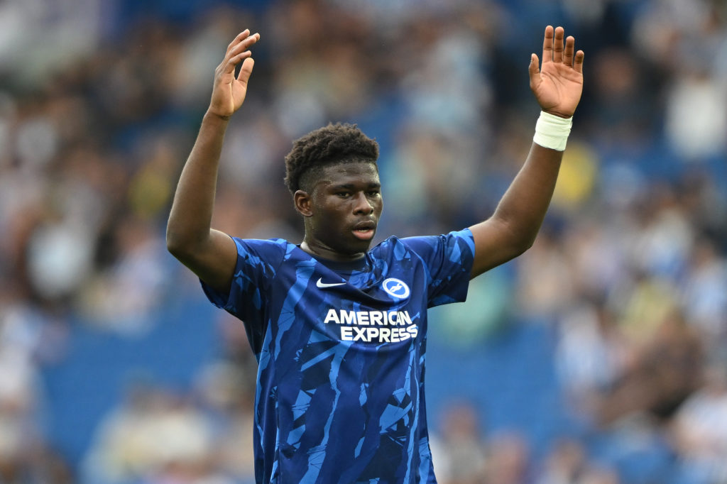 Carlos Baleba of Brighton & Hove Albion looks on during warm up ahead of the Premier League