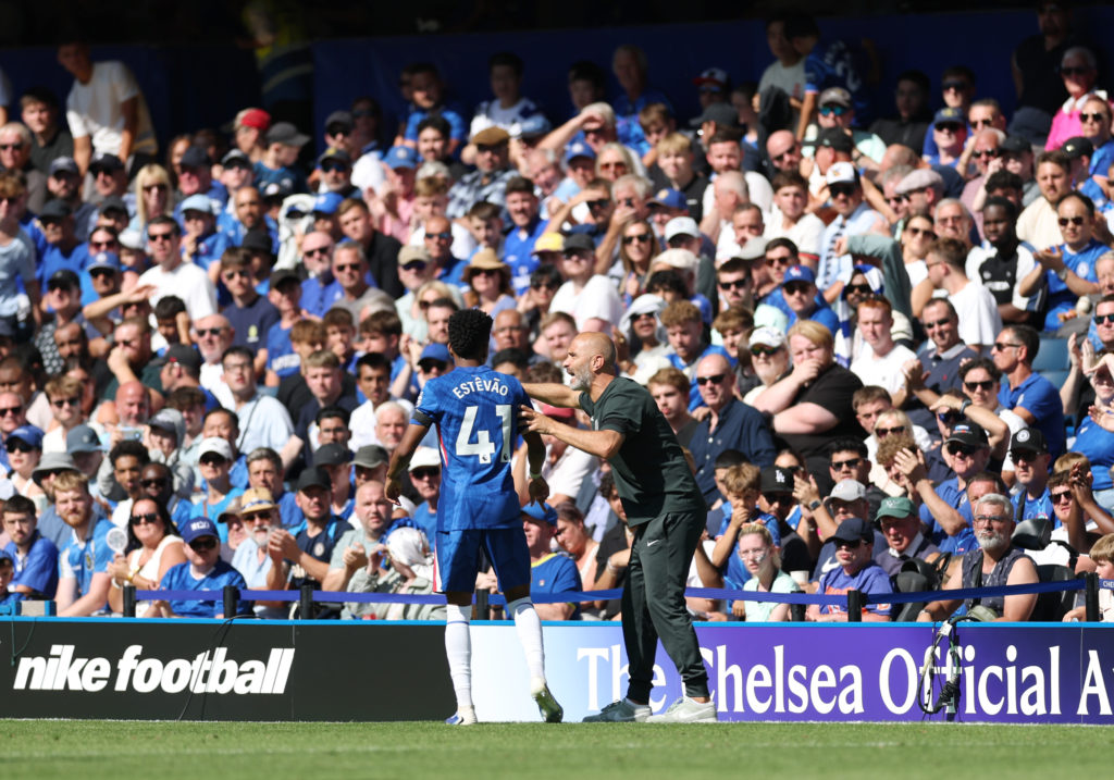 Enzo Maresca, Head Coach of Chelsea, gives instructions to Estevao of Chelsea during the Premier League