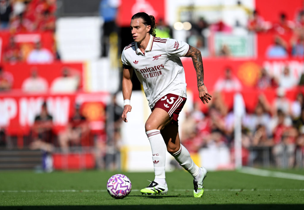 Arsenal defender Riccardo Calafiori in action against Manchester United