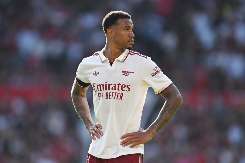 Gabriel of Arsenal looks on during the Premier League match between Manchester United and Arsenal at Old Trafford.