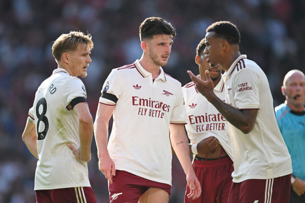 Declan Rice, Gabriel Magalhaes and Martin Odegaard all in discussion during Arsenal vs Manchester United.