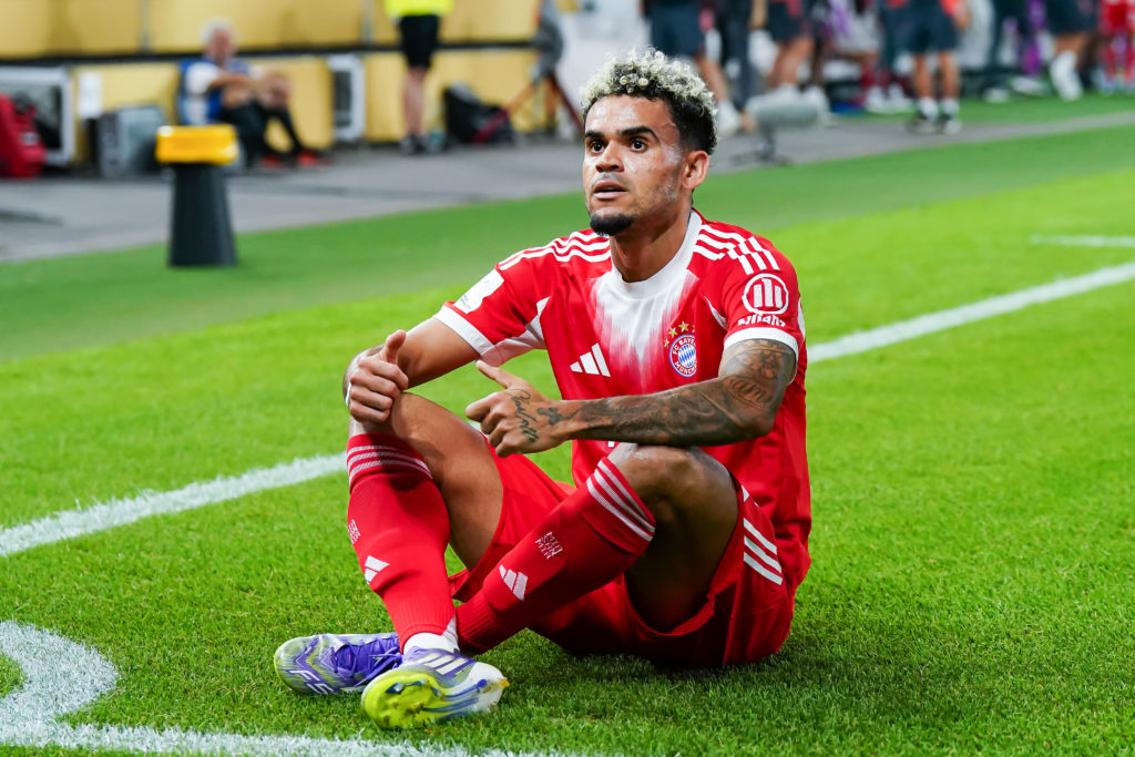 Luis Diaz of Bayern Munich celebrates after scoring his team's second goal during the Franz-Beckenbauer-Supercup 2025 match between VfB Stuttgart and FC Bayern München at MHPArena.