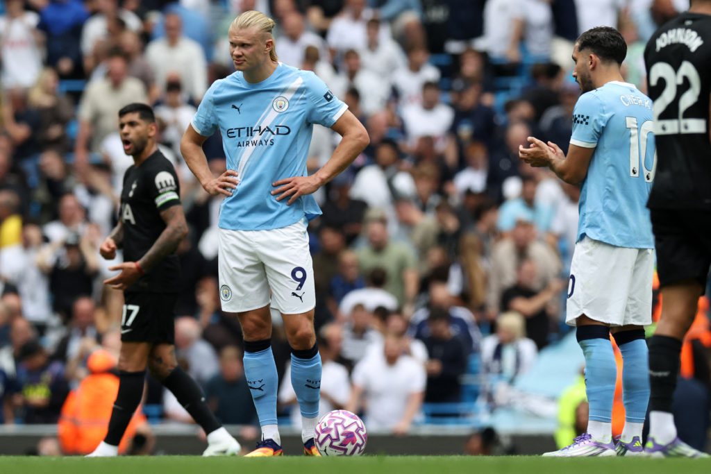 Manchester City's Norwegian striker #09 Erling Haaland reacts after the team conceded a second goal during the English Premier League football match between Manchester City and Tottenham Hotspur at the Etihad Stadium