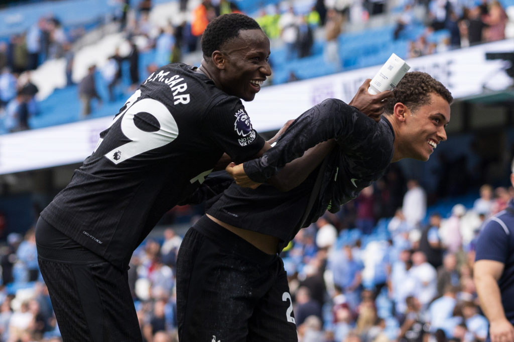 Brennan Johnson celebrates after Manchester City vs Tottenham Hotspur in the Premier League